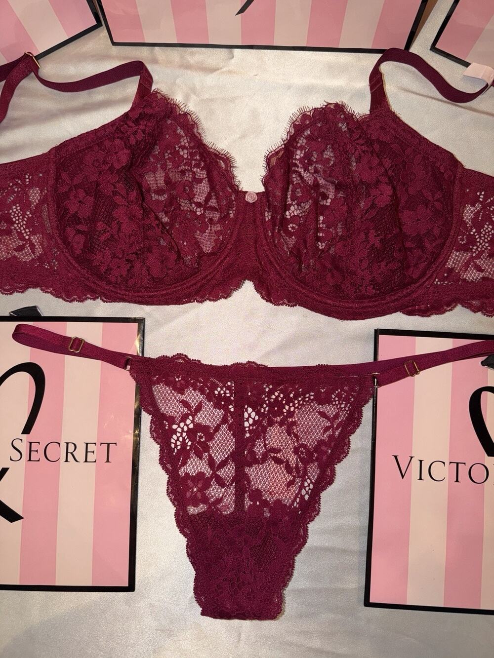 Victoria's Secret Unlined Bra Dream Angels 38DDD XL Thong Burgundy